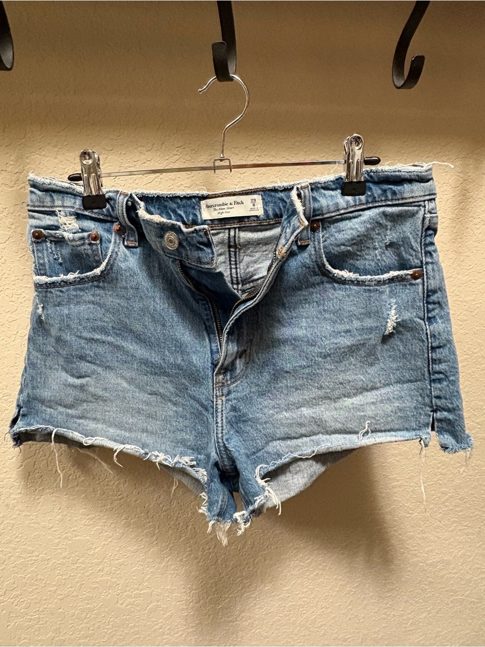 Abercrombie & Fitch Light Wash Distressed Denim Mom Shorts